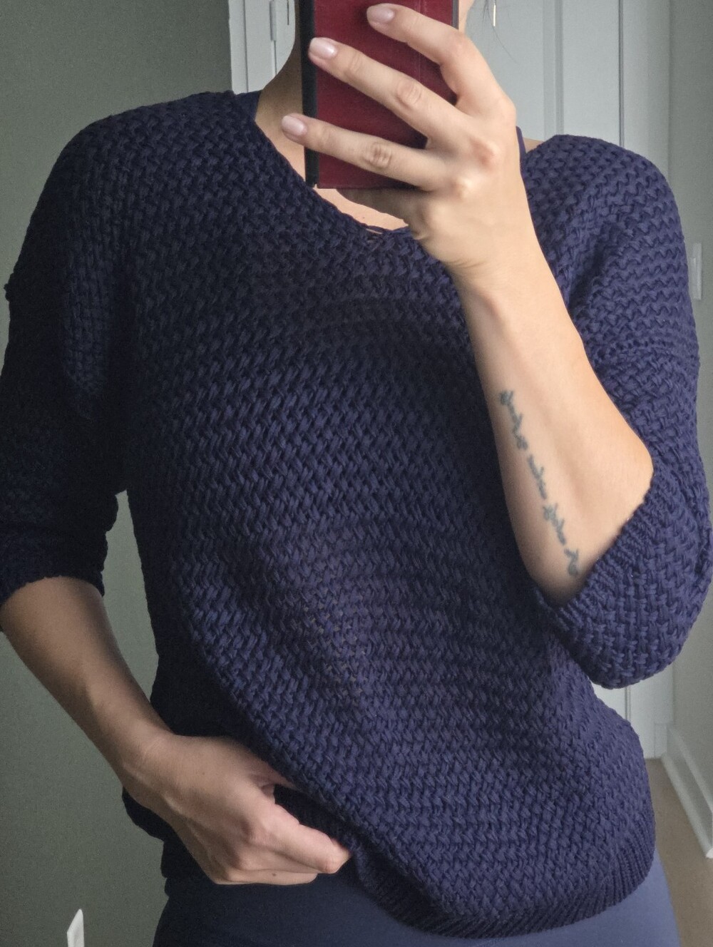 Massimo Dutti Open Knit Short Sleeve Sweater, Navy, Medium V-neck, Made In Italy